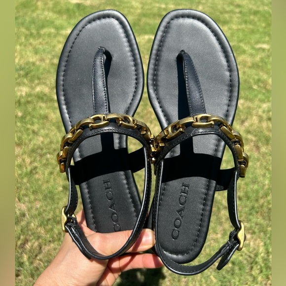 Coach Jenna Signature Chain T-Bar Black leather Sandals Sz-8. R - Picture 10 of 12